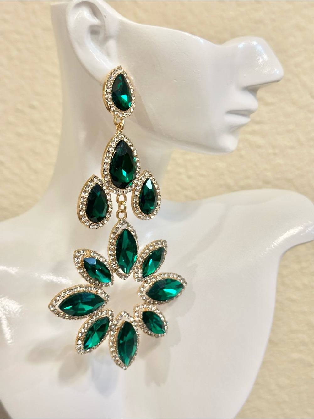Gold-Tone Crystal Emerald Green Teardrop Statement Earrings
